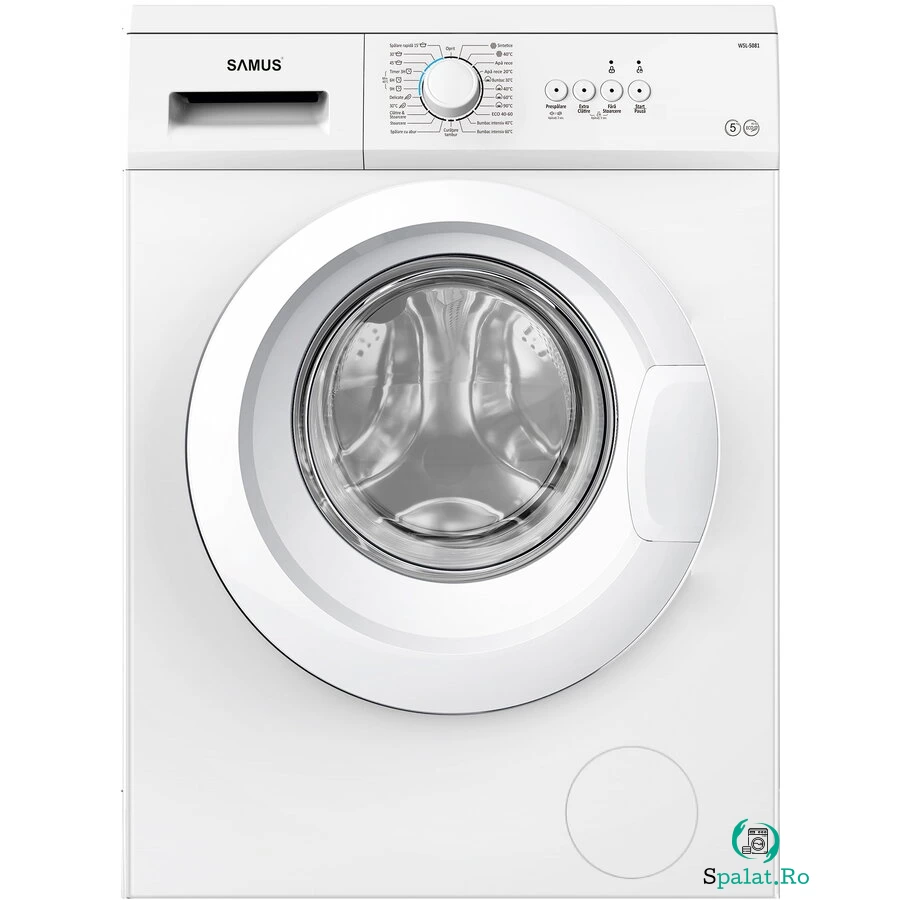 Samus Masina de spalat rufe Samus WSL-5081, 5 kg, Slim, Clasa energetica D, 800 rotatii, 23 programe, Afisaj cu led, Blocare acces copii, Pornire intarziata, Curatare tambur, Alb la 1,055.99 lei ron