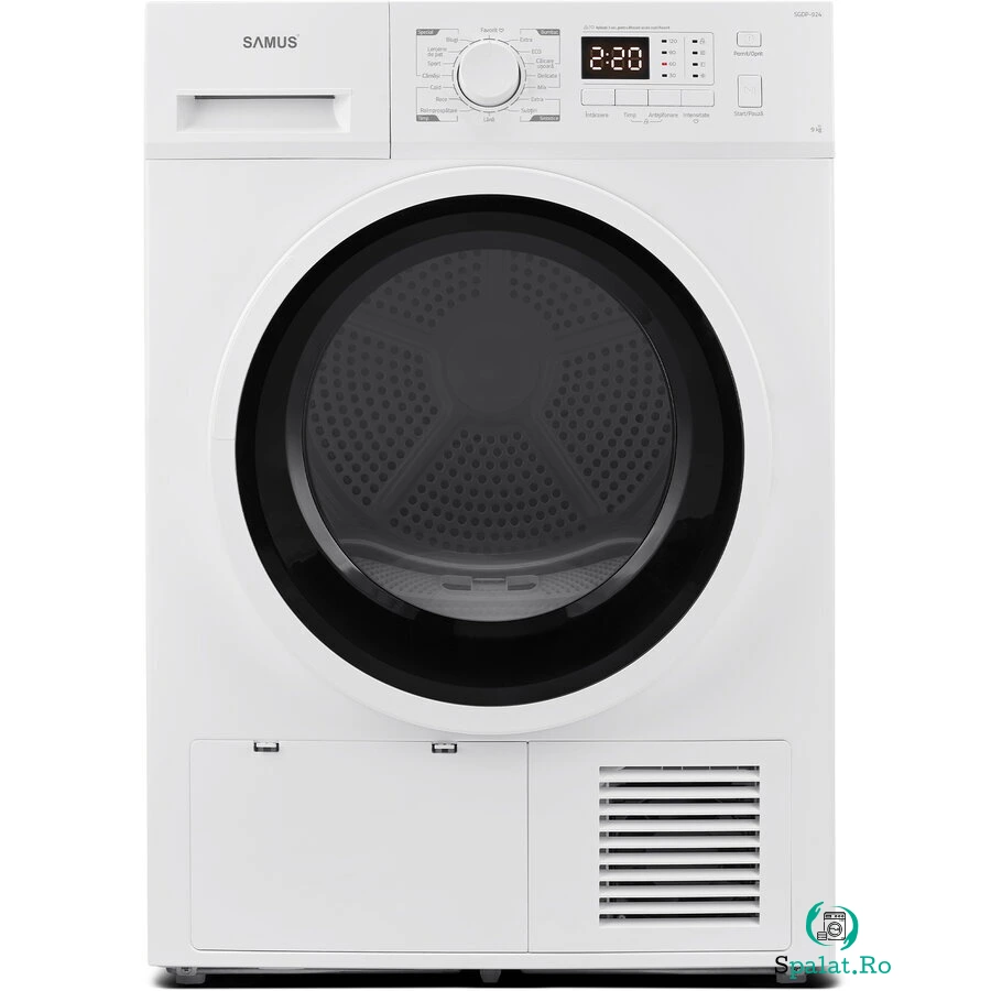 Samus Uscator de rufe Samus SGDP-924, Pompa de caldura, 9 kg, 16 programe, Clasa D, Pornire intarziata, Afisaj electronic, Alb la 1,752.99 lei ron
