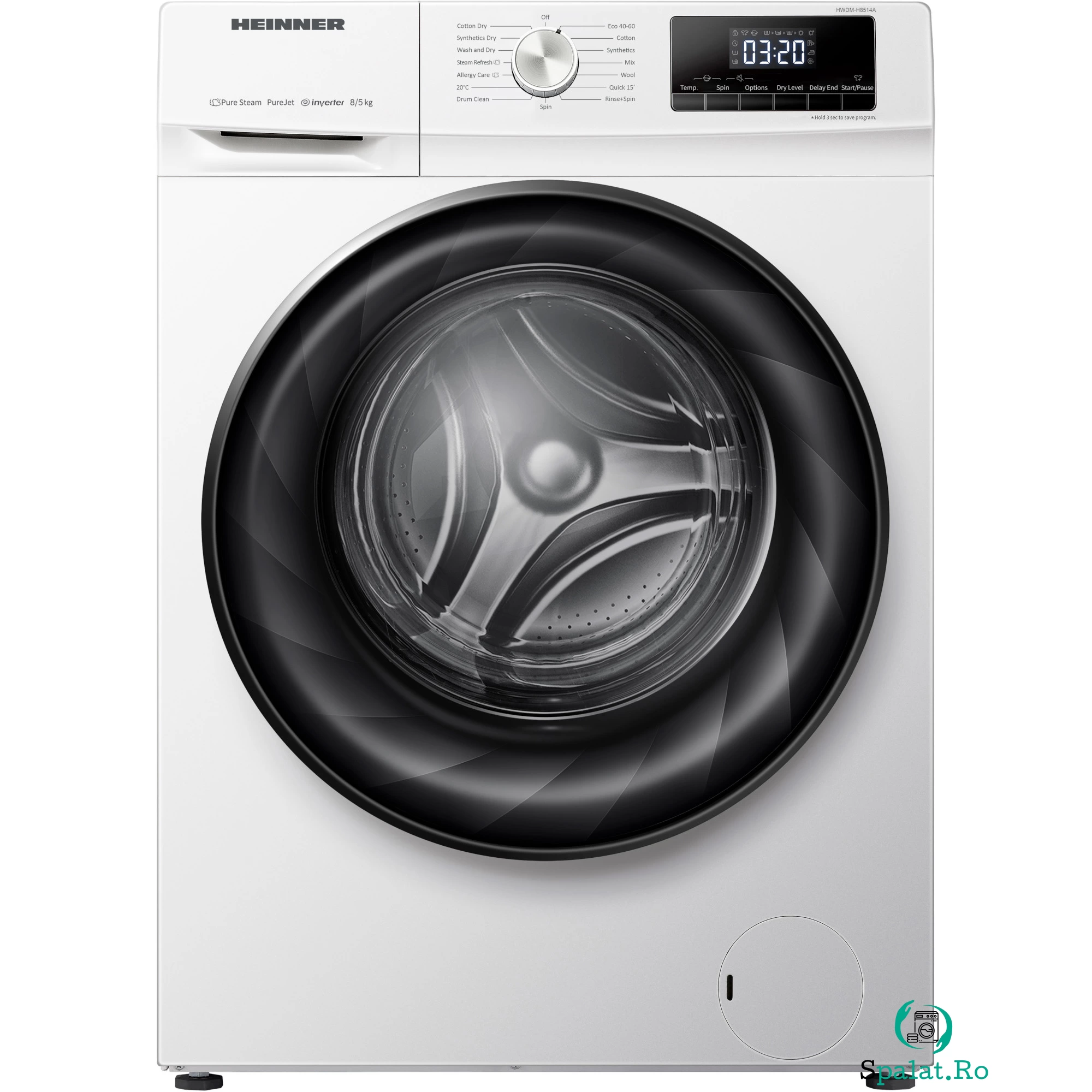 Masina de spalat rufe cu uscator Heinner HWDM-H8514A, Spalare 8 kg, Uscare 5 kg, 1400 rpm, Clasa A, Motor Inverter, Display digital, Alb la 1,849.99 lei ron