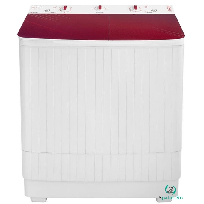 Daewoo Masina de spalat semiautomata Daewoo DSWM 7.3R, cu storcator, spalare 7 kg, stoarcere 3 kg, capac de sticla, filtru de scame, alb cu rosu