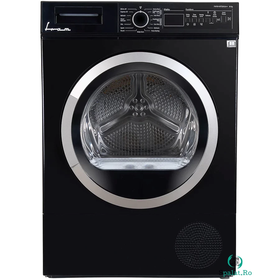 Fram Uscator de rufe Fram FHPD-V8T2BKA++, Pompa de caldura, 8 kg, Clasa A++, Display LED, Iluminare cuva, Start intarziat, Anti-sifonare, Negru
